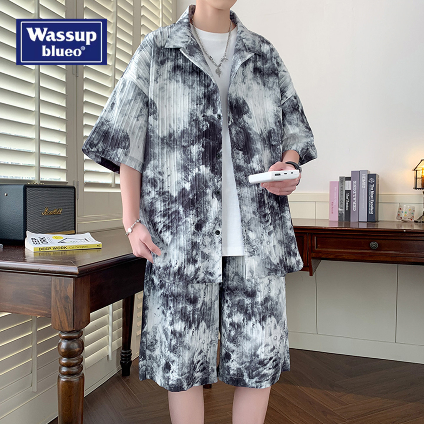 WASSUP国风运动t恤男休闲套装短袖衬衫夏季薄款短裤潮流两件套