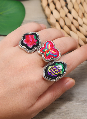 民族风手工苗银刺绣复古戒指老绣片蝴蝶花开口指环女小众百搭配