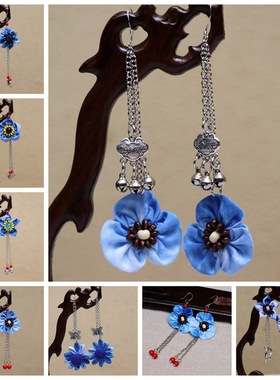 苗翎|云南民族风布艺扎染耳环大理丽江蓝染耳饰丽江大理同款苗银