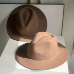 法式复古驼色帽子男女秋冬英伦新款宽檐时尚爵士帽光板老钱风礼帽