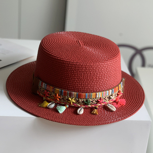 赫本风草帽女夏出游海边民族风防晒沙滩帽度假遮阳平顶小清新礼帽