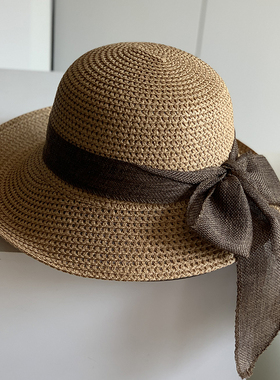 度假风蝴蝶结大帽檐女夏季2025新款法式海边沙滩镂空编织遮阳帽子
