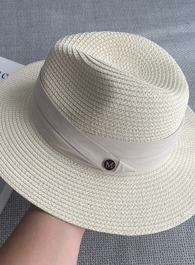 新款草帽白色小清新可折叠夏季女士遮阳帽出游平檐草编礼帽田园风