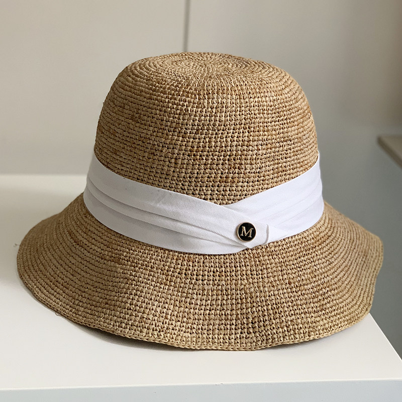 新款手工钩针拉菲草盆帽M字海边出游防晒小沿渔夫帽子女韩版时尚