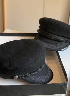 任达华同款贝雷帽船长帽女羊毛呢黑色平顶鸭舌帽子水手帽男大头围