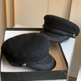任达华同款 贝雷帽船长帽女羊毛呢黑色平顶鸭舌帽子水手帽男大头围