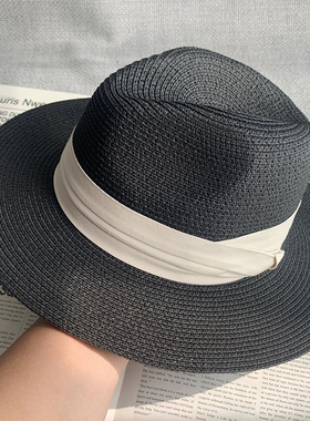 夏季黑色礼帽女法式复古时尚平顶草帽女款帽子平檐防晒遮阳爵士帽