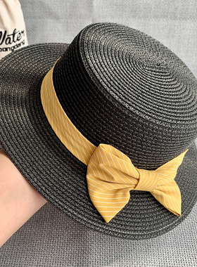 夏季新款女黑色平檐礼帽遮阳帽蝴蝶结防晒度假沙滩平顶太阳草帽子