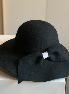 法式优雅黑色蝴蝶结渔夫帽女可折叠度假帽子大沿帽羊毛呢赫本风