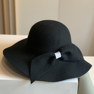 法式 优雅黑色蝴蝶结渔夫帽女可折叠度假帽子大沿帽羊毛呢赫本风