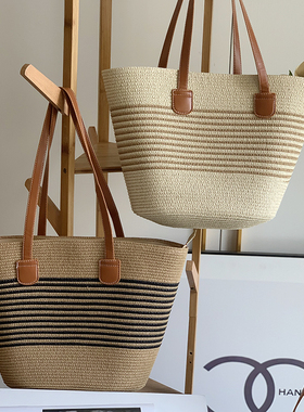 大容量包包女士2024新款沙滩粗细条纹草编包通勤单肩托特包编织包