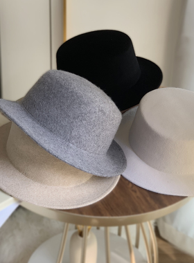 法式复古羊毛呢爵士帽男女秋冬英伦风平顶帽百搭小檐礼帽毡帽光板