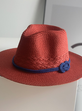 夏款女韩版时尚宽檐遮阳防晒蓝绳礼帽男出游太阳帽沙滩红色草帽子