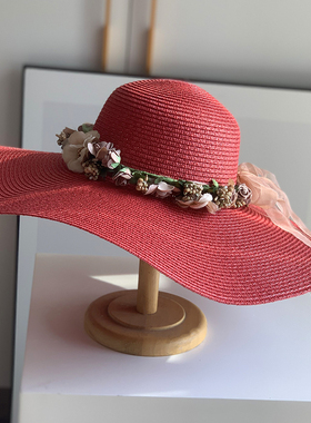 帽子女士夏天遮阳帽田园红色花环渔夫帽出游度假沙滩大沿帽可折叠