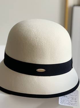 赫本风羊毛呢圆顶渔夫帽女秋冬法式复古礼帽盆帽气质名媛白色帽子