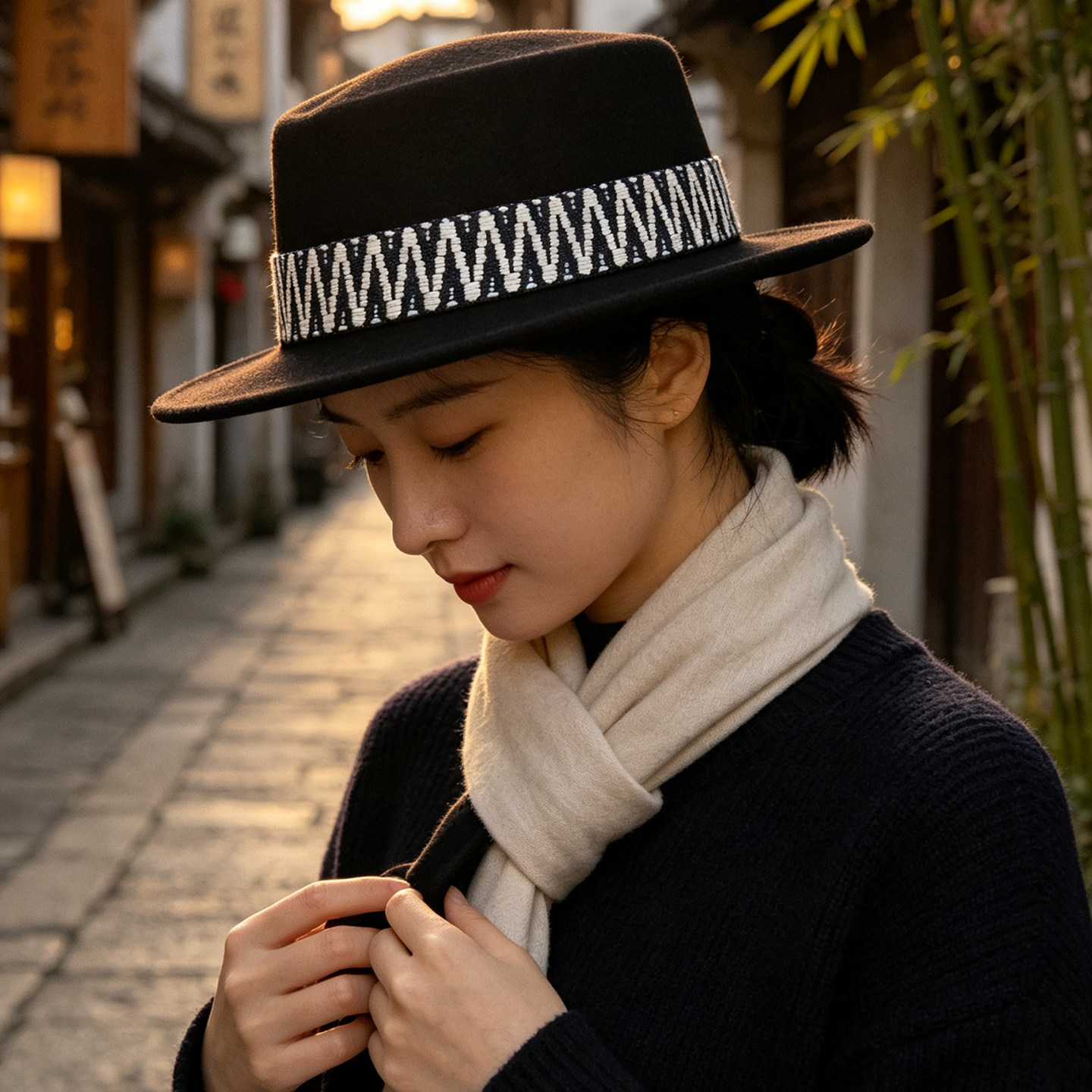 秋冬老钱风羊毛平顶礼帽女百搭