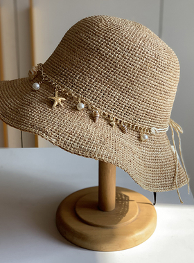 拉菲草帽女夏季防晒太阳帽海螺出游百搭海边沙滩度假风钩针渔夫帽