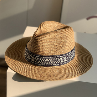草帽法式 遮阳防晒帽子宽沿男女名族风爵士礼帽 复古波西米亚风夏季