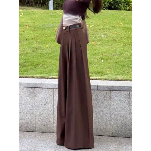 复古美拉德咖色高腰压褶阔腿裤