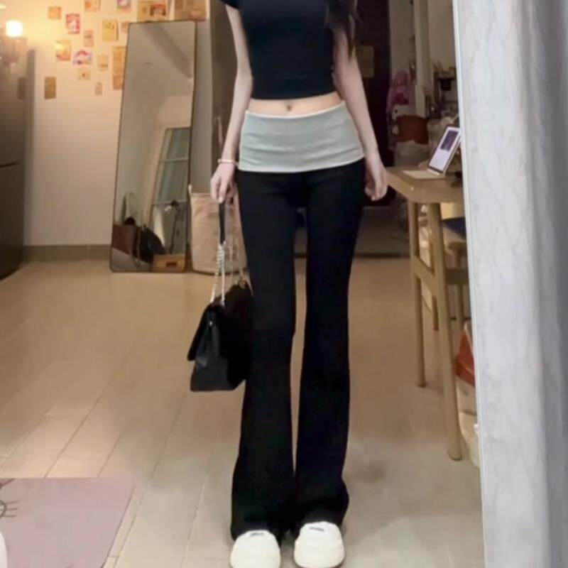 韩系撞色休闲翻边撞色高腰裤子女秋季新款修身显瘦辣妹拖地微喇裤,女装/女士精品,大码裤装,淘宝优惠券,粉丝福利购,淘宝优惠卷