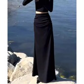 高级感欧货黑色褶皱设计高腰垂坠感A字长裙子宽松休闲大摆半身裙