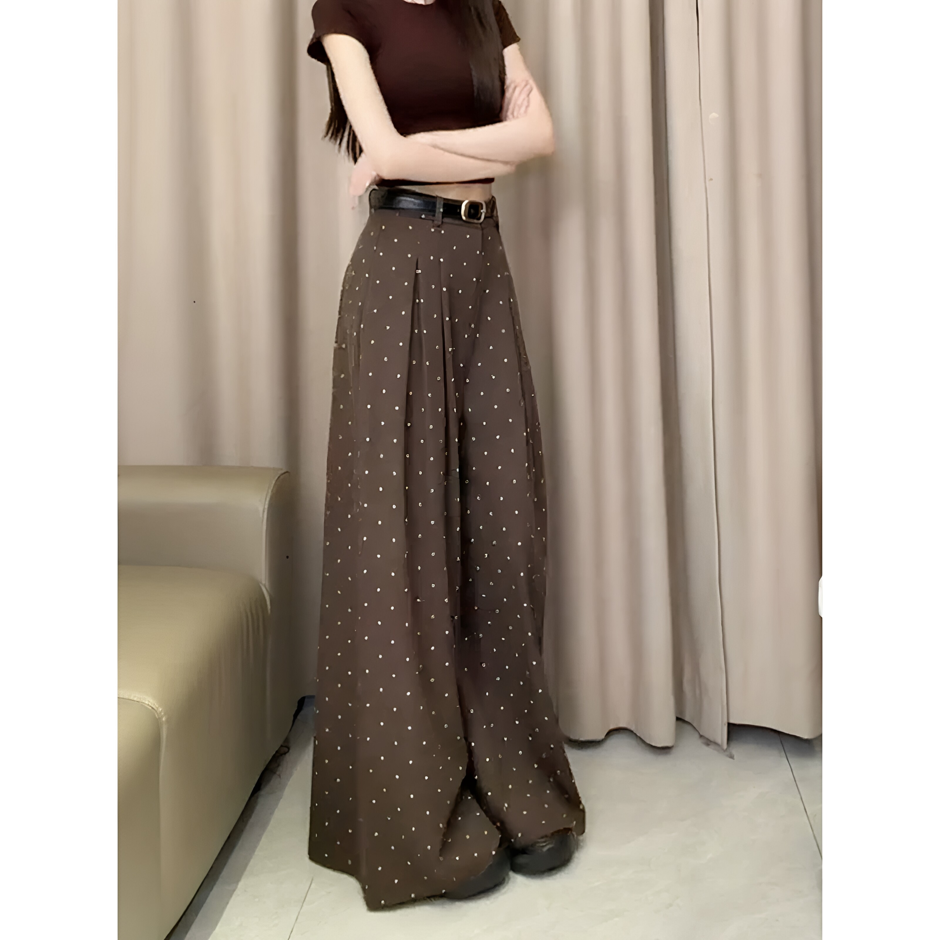 老钱风复古咖色波点压褶高腰垂感休闲阔腿西装裤子女2026秋季新款