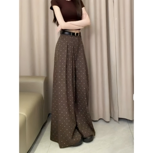 老钱风复古咖色波点压褶高腰垂感休闲阔腿西装裤子女2026秋季新款