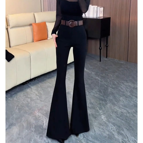 黑色气质微喇弹力休闲喇叭西装裤