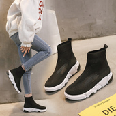 袜子靴女2026春夏新款 弹力网面镂空瘦瘦短靴女 飞织平底学生高帮鞋