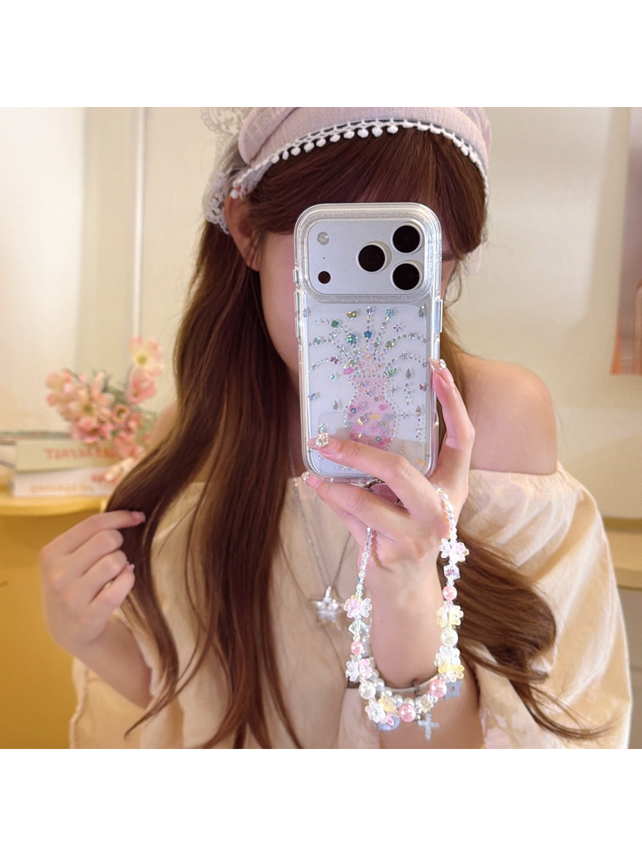 彩钻线条透粉花瓶适用于苹果17ProMax手机壳iPhone16Pro小众少女心15简约14清新卡通可爱13手链保护套