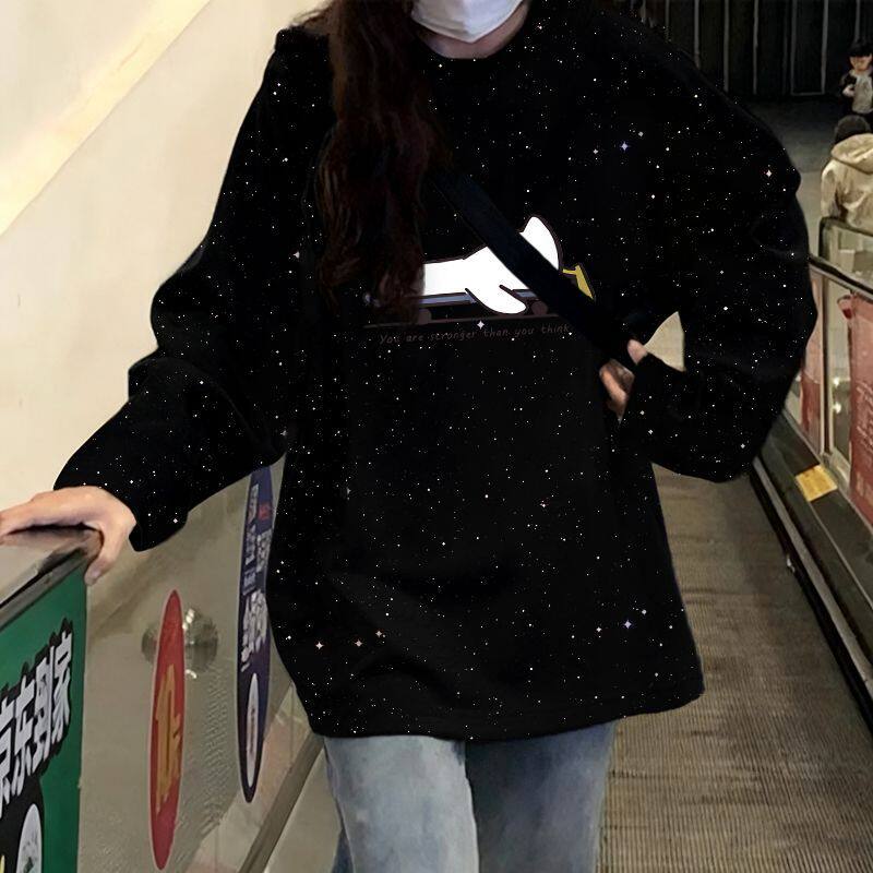 秋季港风长袖t恤女学生韩版潮流字母印花宽松网红圆领ins亮片上衣
