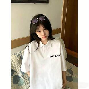 夏天纯棉甜美薄款白色POLO领短袖T恤女装印花宽松显瘦中长款上衣