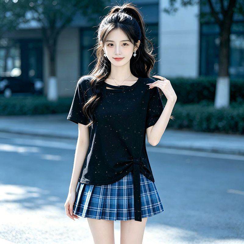 白色亮片修身显瘦短袖T恤女生2T恤