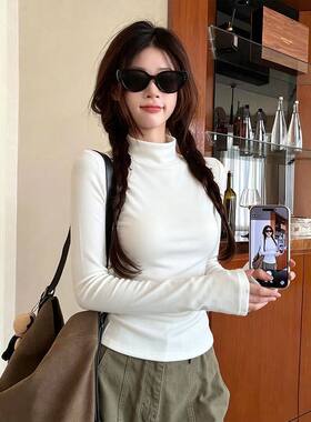 白色双面德绒休闲长袖T恤女生修身显瘦保暖简约纯色半高领打底衫