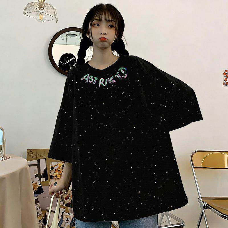 2026纯棉亮片ins满天星印花短袖t恤女学生韩版宽松百搭上衣服潮流