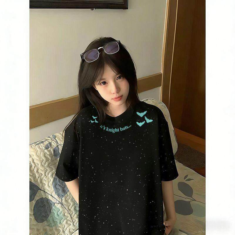 初夏新款黑色纯棉短袖T恤女学生韩版宽松ins满天星亮片圆领上衣服