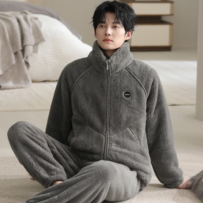 睡衣男秋冬加厚加绒法兰绒套装珊瑚绒家居服开衫拉链大码保暖冬装