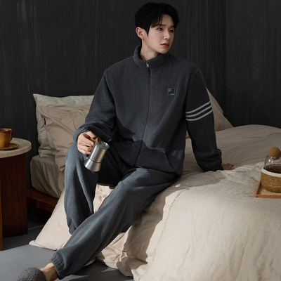 睡衣男秋冬加厚加绒法兰绒套装珊瑚绒家居服开衫拉链大码保暖冬装