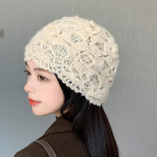 日系双层手工立体钩花套头帽子女秋冬时尚百搭马海毛护耳包头帽潮