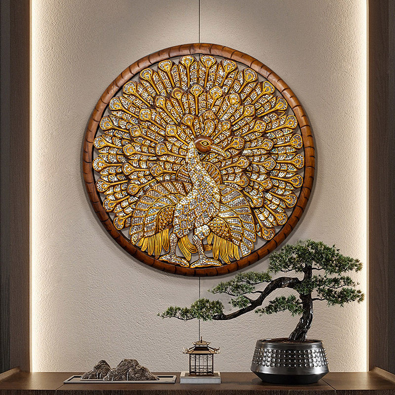 木雕中式实木雕花板孔雀开屏圆盘客厅酒店墙饰圆形镂空花板软装饰