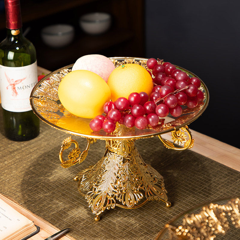 泰式复古玻璃高脚果盘金色雕花镂空装饰水果盘客厅茶几摆件家用盘