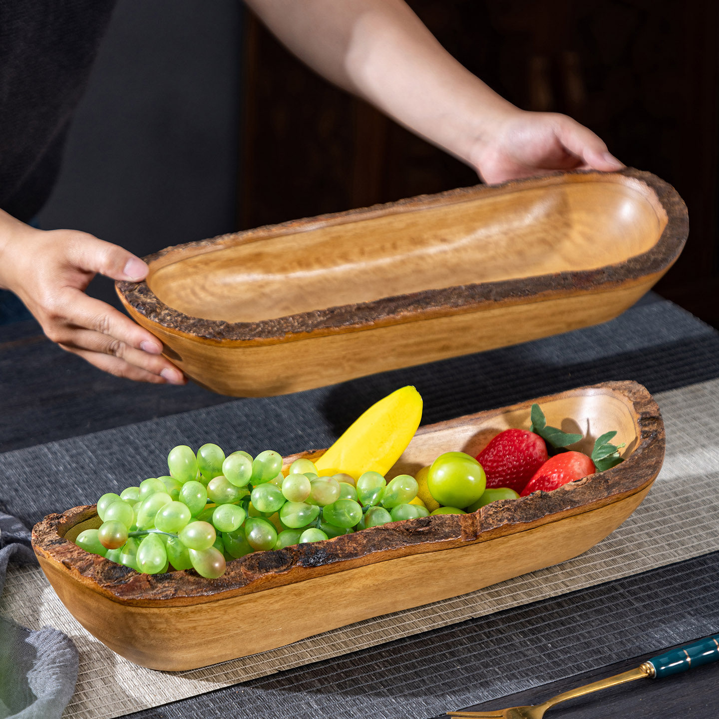 泰式实木水果盘长条船型创意家用客厅餐桌装饰摆件茶点盘零食托盘