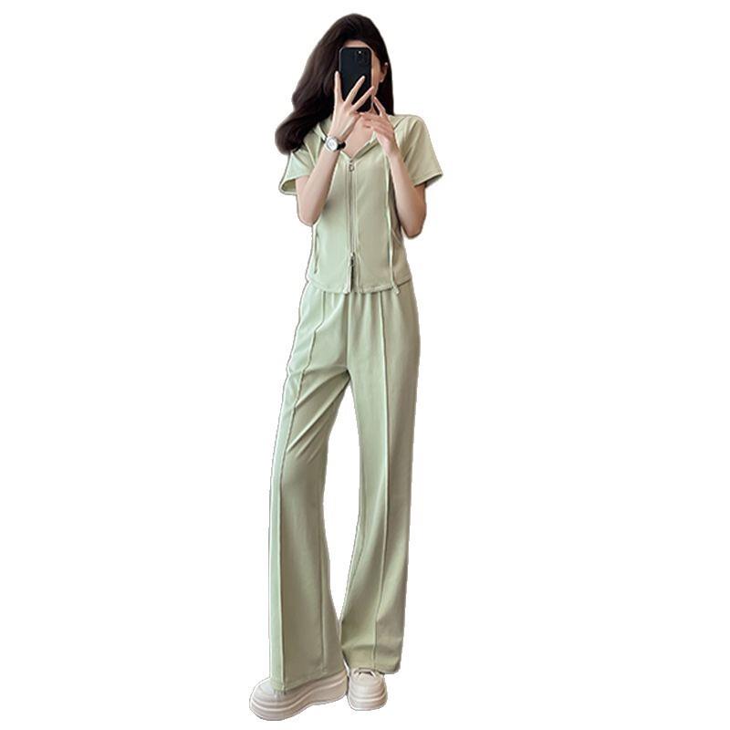 休闲运动套装女夏季新款时尚洋气减龄连帽短袖上衣阔腿裤两件套