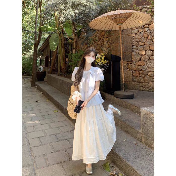 蝴蝶结蕾丝泡泡袖衬衫女半身裙两件套装女夏季设计感压褶绑带衬衣