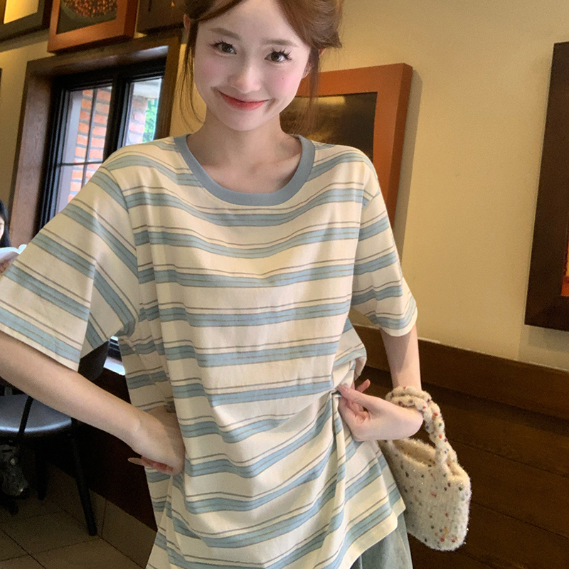 实拍短袖t恤女夏2025新款潮流复古条纹中长宽松圆领上衣韩版女装