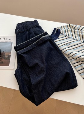 日系chic复古深蓝色高腰牛仔裤女宽松慵懒阔腿长裤秋季新款学生潮