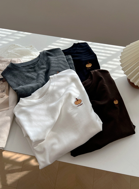 基础款百搭圆领南瓜刺绣长袖T恤女磨毛厚实小众减龄内搭打底衫秋