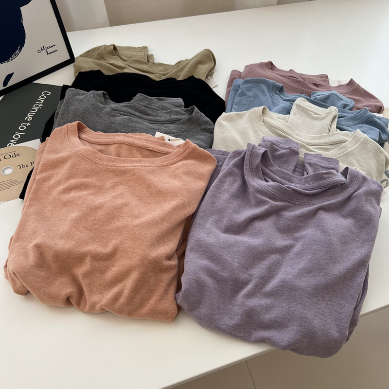 长袖简约纯色薄款针织棉女t恤