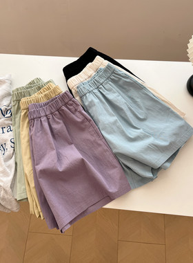 百搭简约纯色高腰工装短裤女宽松