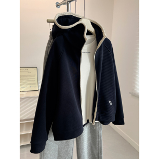 开衫 新款 外套学生潮 撞色白边拉链连帽卫衣女宽松加绒加厚冬季 韩版